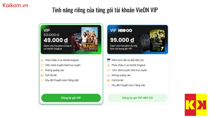 Tính năng riêng của từng gói tài khoản VieON VIP