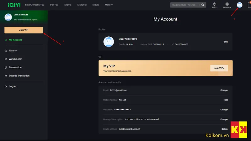 Bước 3: Trên giao diện Website iQIYI bạn ấn vào avatar để hiện ra trang tài khoản của tôi, bạn chọn tiếp vào Join VIP
