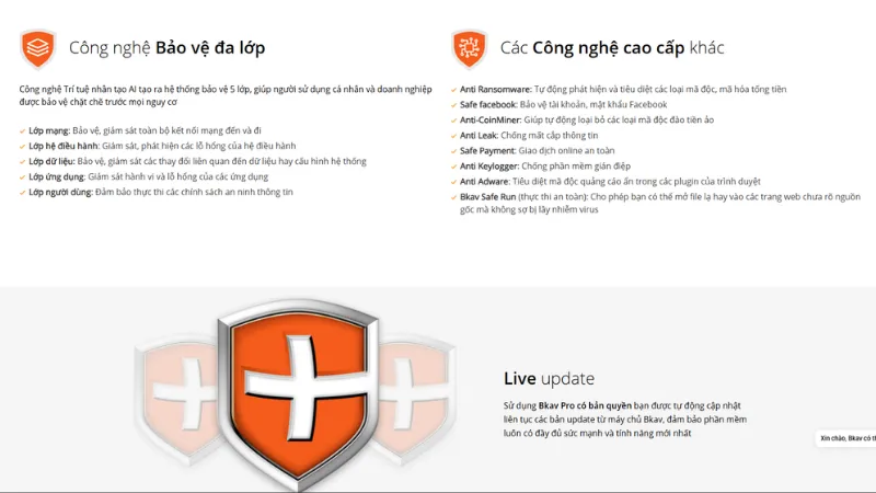 Các công nghệ được dùng khi sở hữu Key Bkav Pro Internet Security