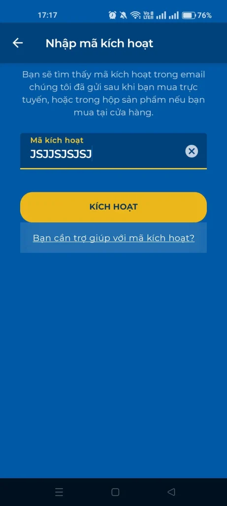 Giao diện nhập mã kích hoạt HMA VPN trên điện thoại