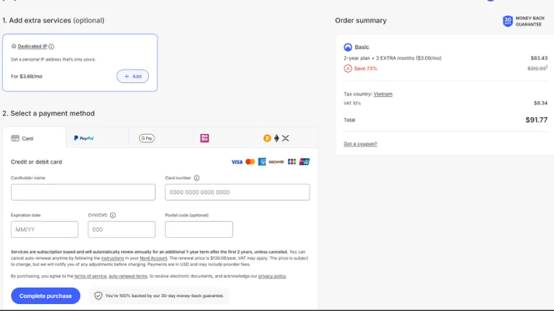 Giao diện thanh toán NordVPN trên trang chủ