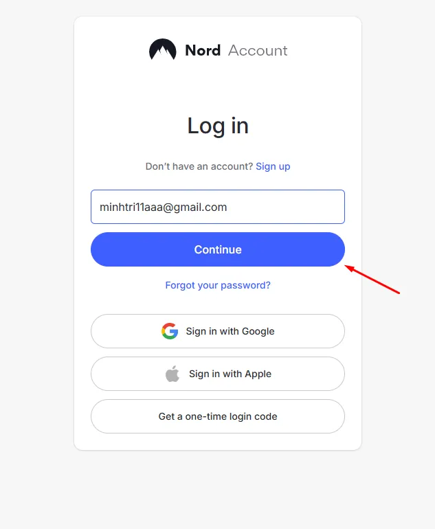 Nhập chính xác email tài khoản NordVPN vào ô nhập liệu, và chọn Continue