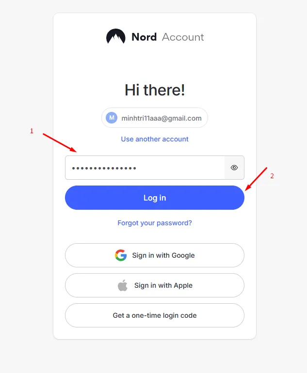 Tiếp tục nhập mật khẩu tài khoản NordVPN và chọn Log in