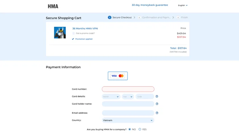 Ở trang thanh toán HMA VPN, tại mục Payment Information điền đầy đủ thông tin theo yêu cầu