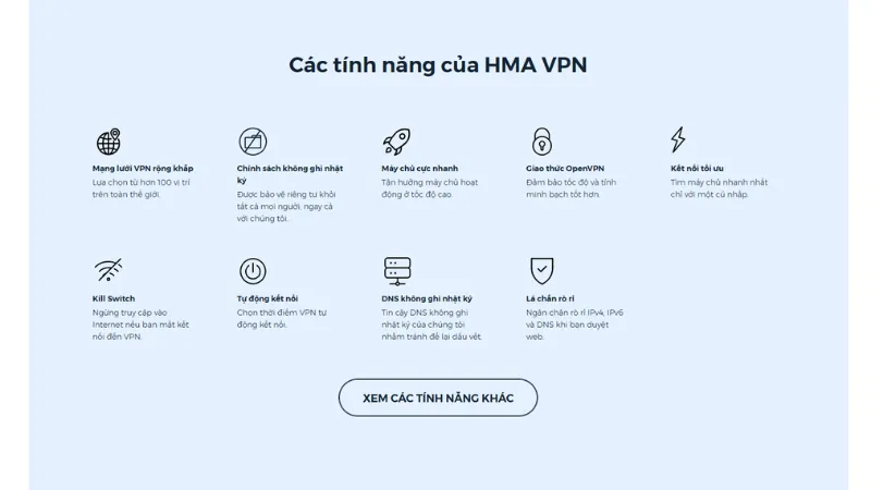 Các tính năng nổi bật của tài khoản HMA VPN
