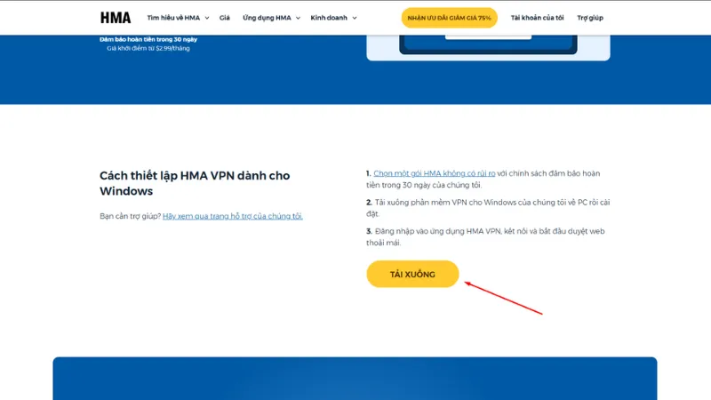 Truy cập link tải HMA VPN cho Windows và ấn nút tải xuống