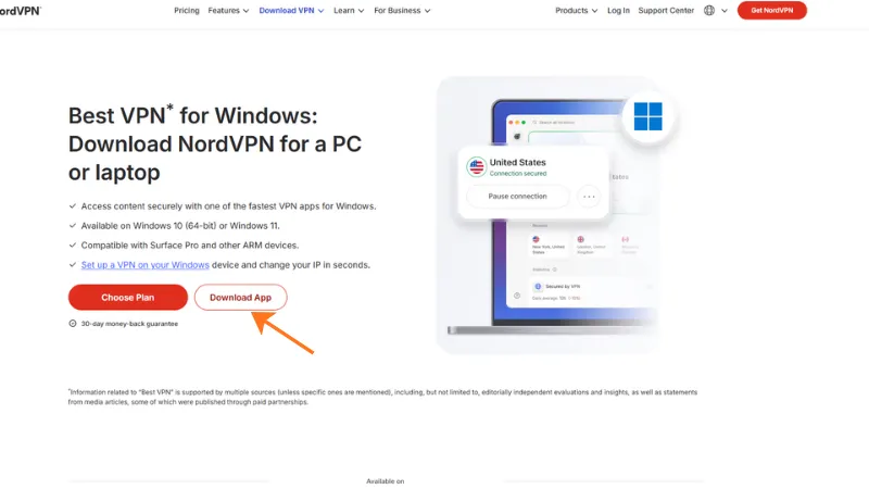 Vào link tải Nordvpn phù hợp với máy của bạn và chọn vào nút Download App để tải tệp cài đặt