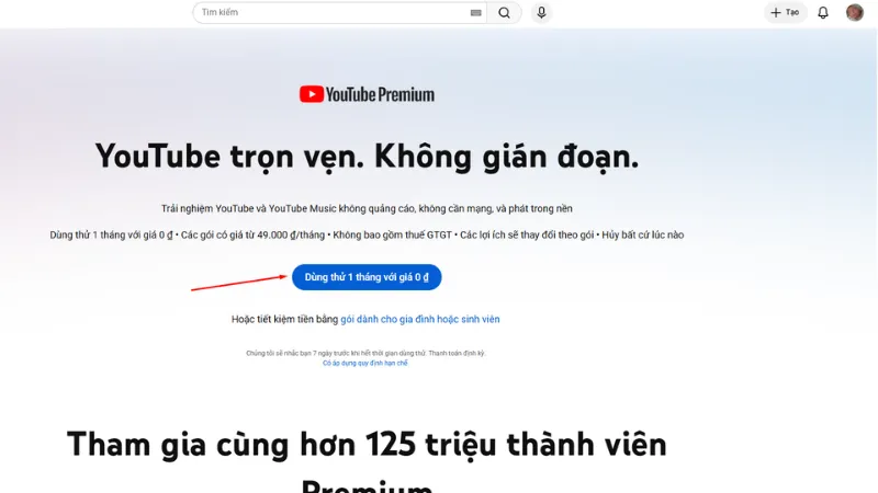 Chọn tiếp vào dùng thử 1 tháng với giá 0 đ