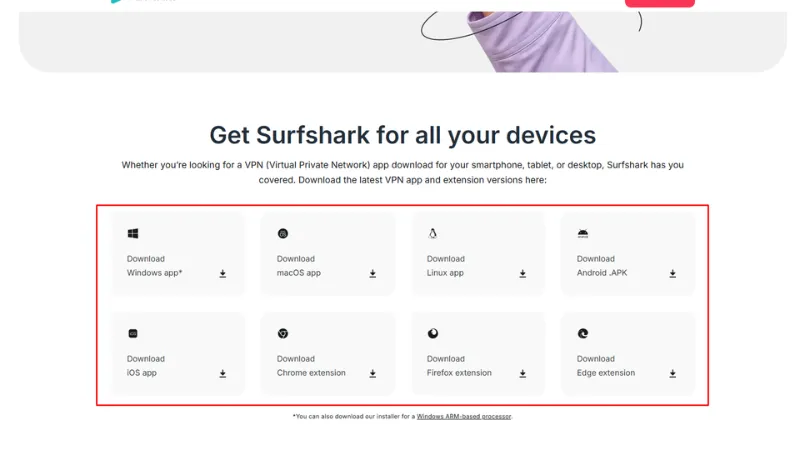 Giao diện trang tải surfshark vpn