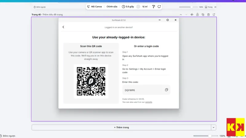 Màn hình hiển thị đăng nhập Surfshark vpn bằng code và qr code