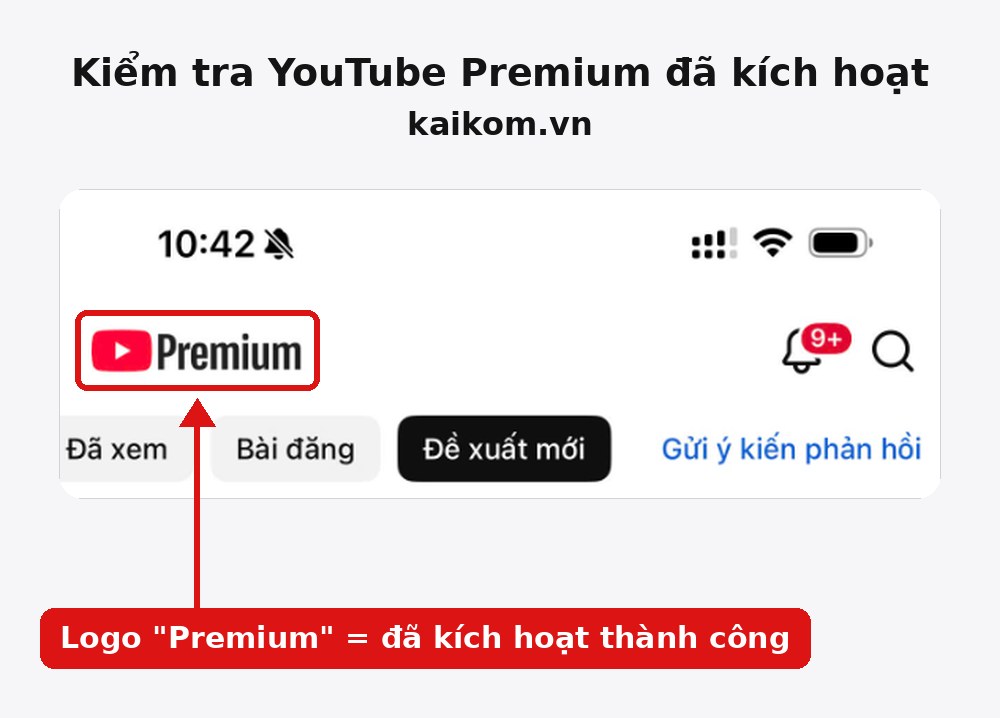 Logo YouTube Premium ở góc trên bên trái ứng dụng cho biết tài khoản đã kích hoạt thành công