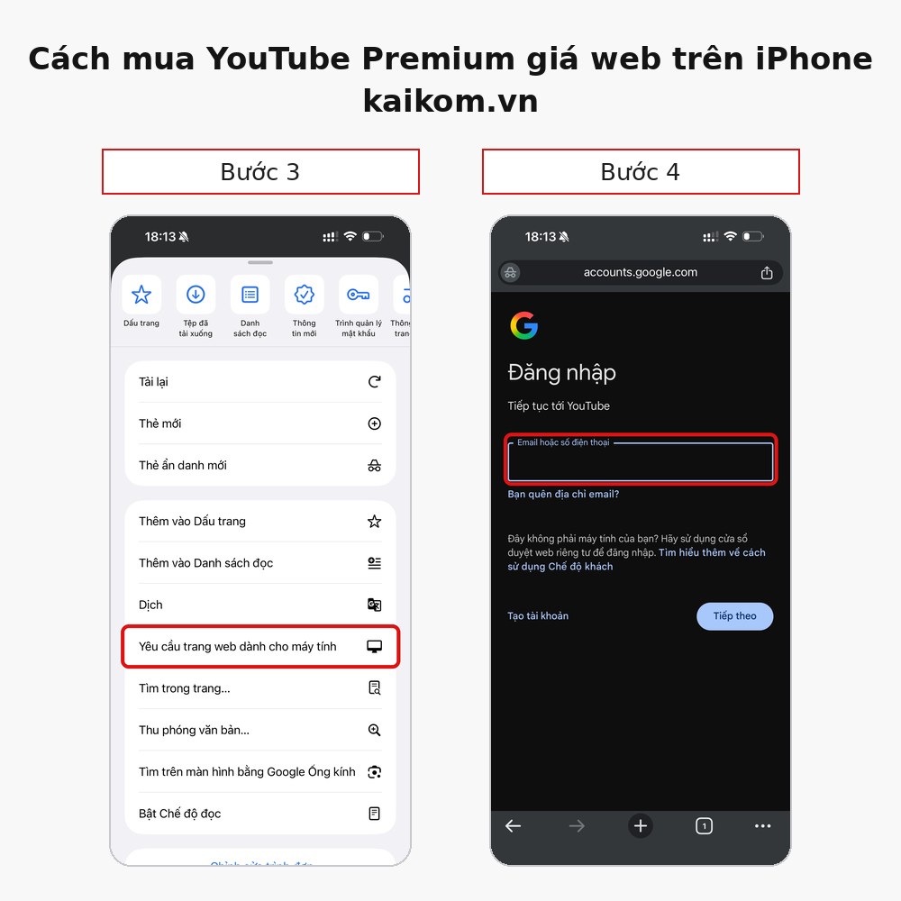 Chọn Yêu cầu trang web dành cho máy tính trong Chrome rồi đăng nhập tài khoản YouTube để mua Premium giá web