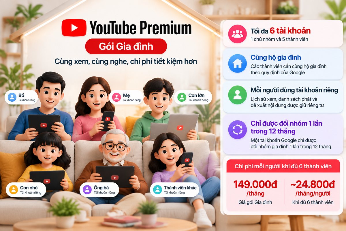 Gói YouTube Premium gia đình 6 thành viên
