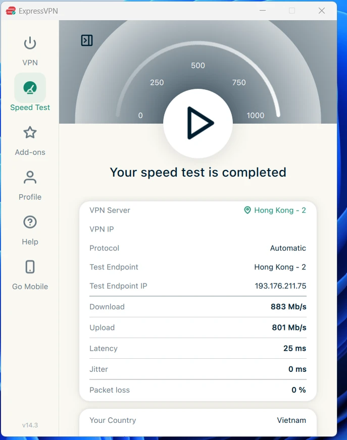 Đo tốc độ ExpressVPN trên máy tính, mạng dây