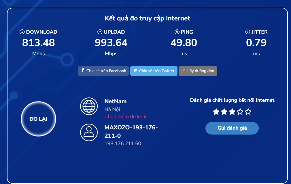 Đo tốc độ Internet khi bật ExpressVPN trên web đo tốc độ trong nước