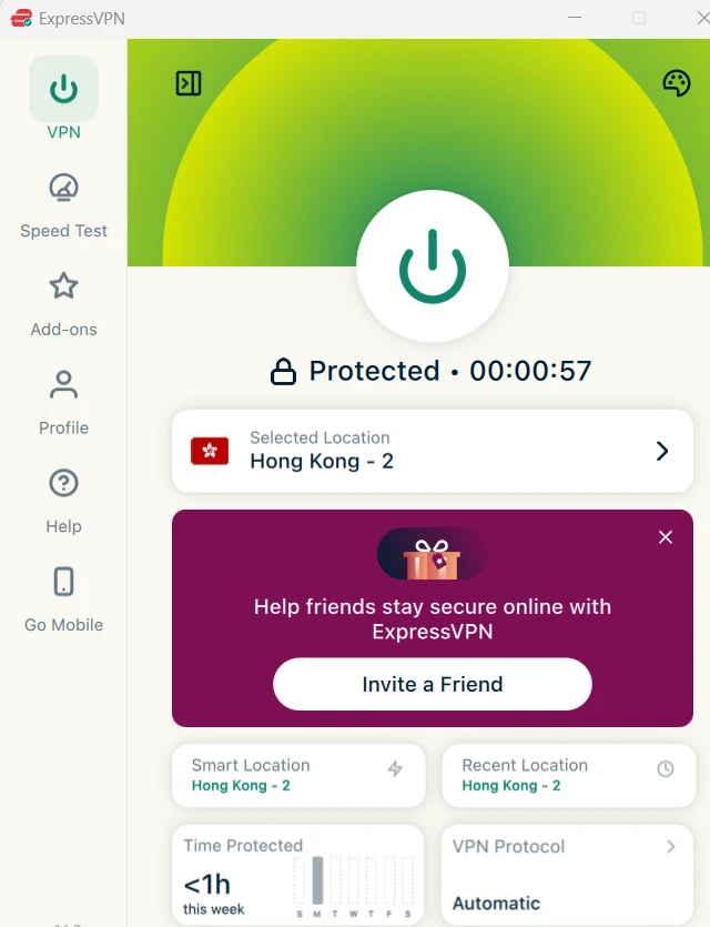 Giao diện ExpressVPN trên máy tính khi đã kết nối máy chủ Hồng Kông