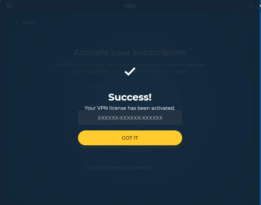 Kích hoạt thành công mã kích hoạt trong ứng dụng HMA VPN