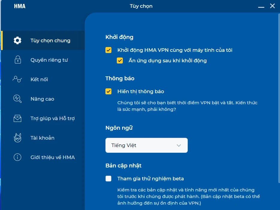 Giao diện HMA VPN tiếng Việt, chọn ngôn ngữ trong Tùy chọn chung