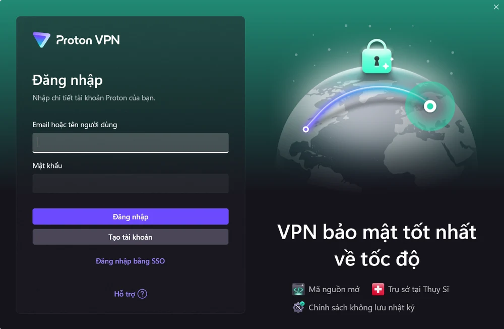 Màn hình đăng nhập Proton VPN tiếng Việt trên máy tính