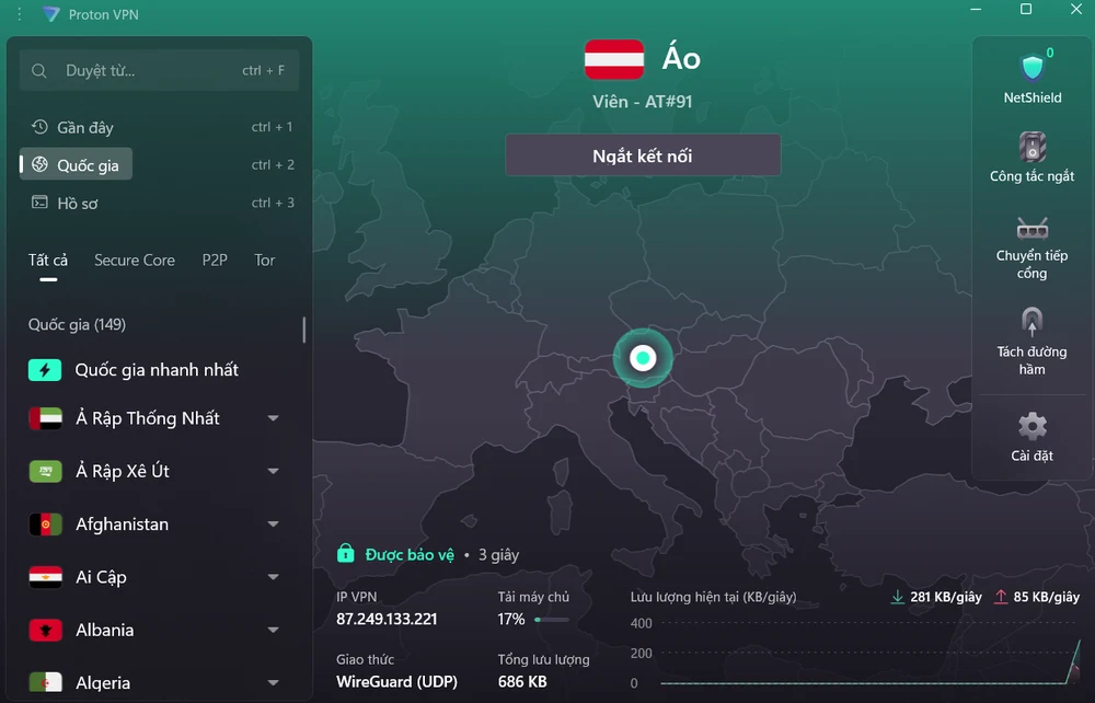 Giao diện Proton VPN tiếng Việt khi đã kết nối
