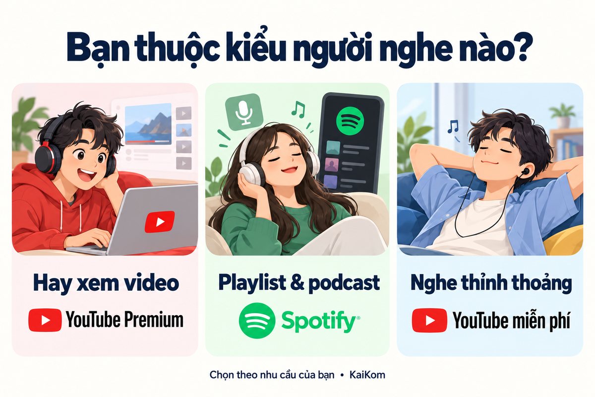 Ba kiểu người nghe nhạc: xem video chọn YouTube Premium, nghe playlist và podcast chọn Spotify, nghe thỉnh thoảng dùng YouTube miễn phí