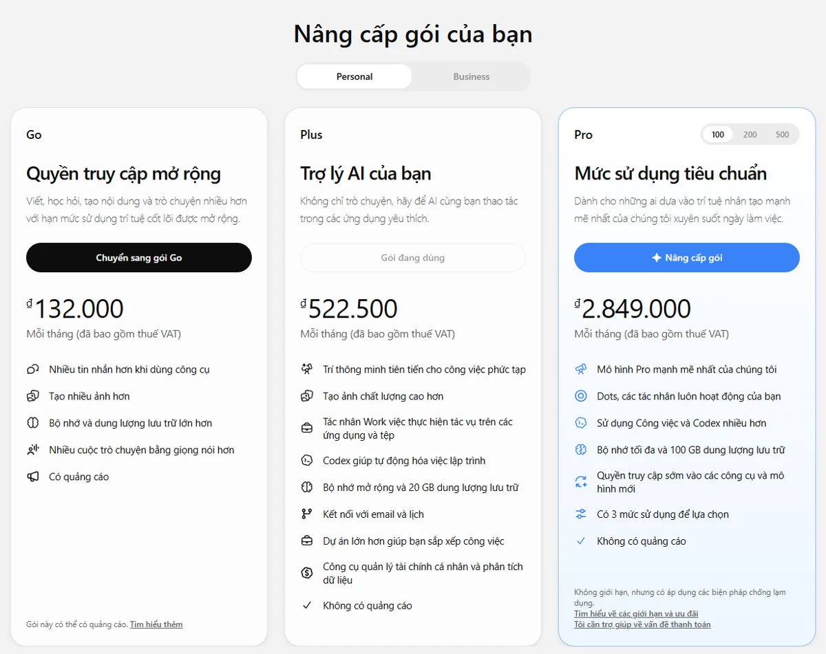 Bảng giá ChatGPT 2026 tại Việt Nam