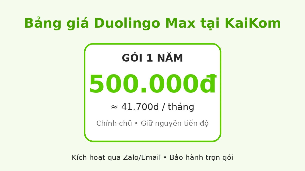 Bảng giá Duolingo Max 1 năm tại KaiKom