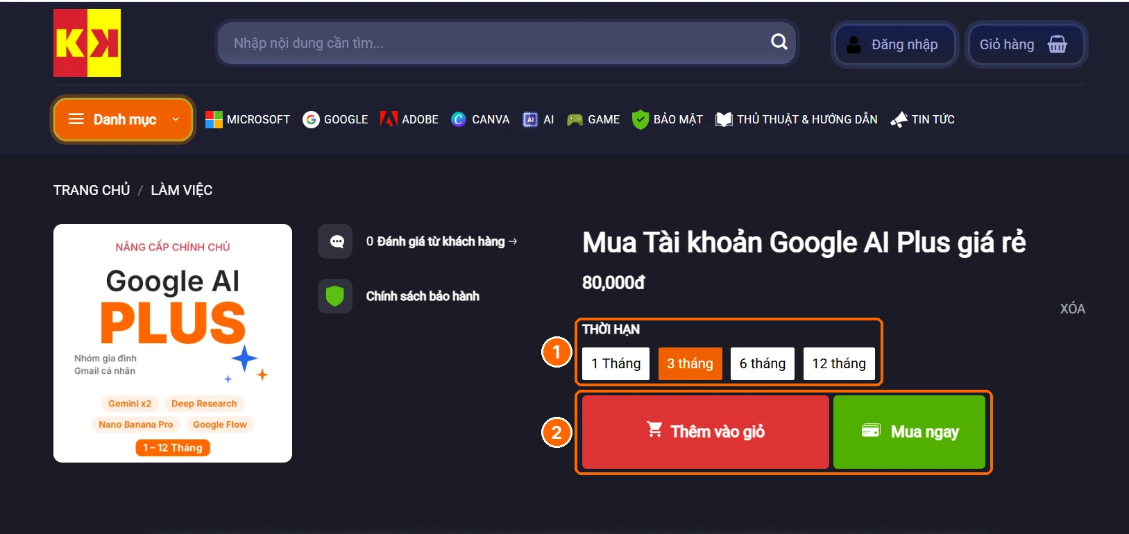 Cách mua Google AI Plus giá rẻ tại Kaikom.vn: chọn thời hạn, bấm Thêm vào giỏ hoặc Mua ngay
