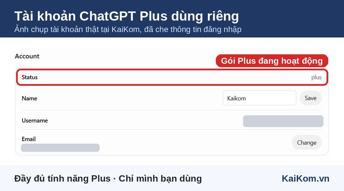 Tài khoản ChatGPT Plus dùng riêng tại KaiKom đang ở gói Plus
