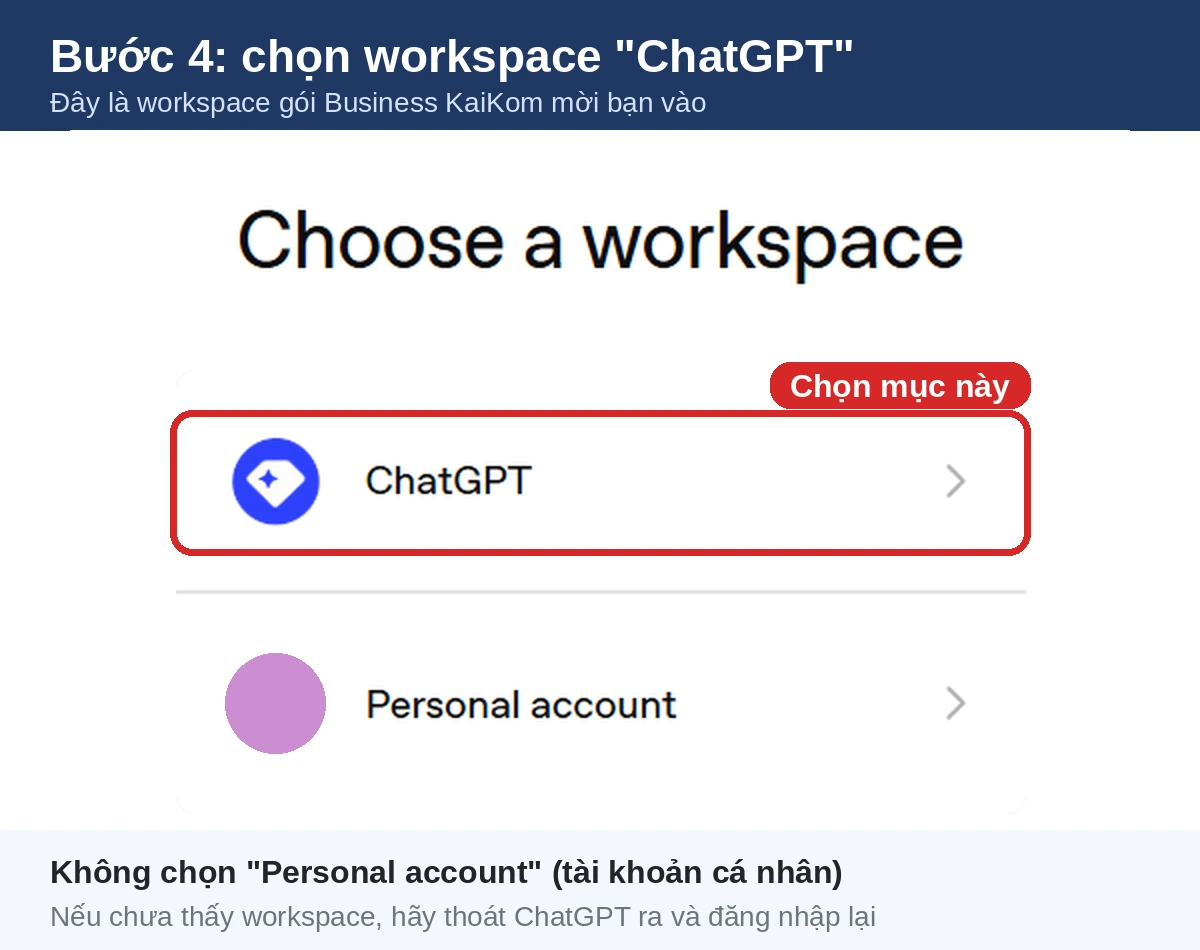 Chọn workspace ChatGPT sau khi nâng cấp gói Business tại KaiKom