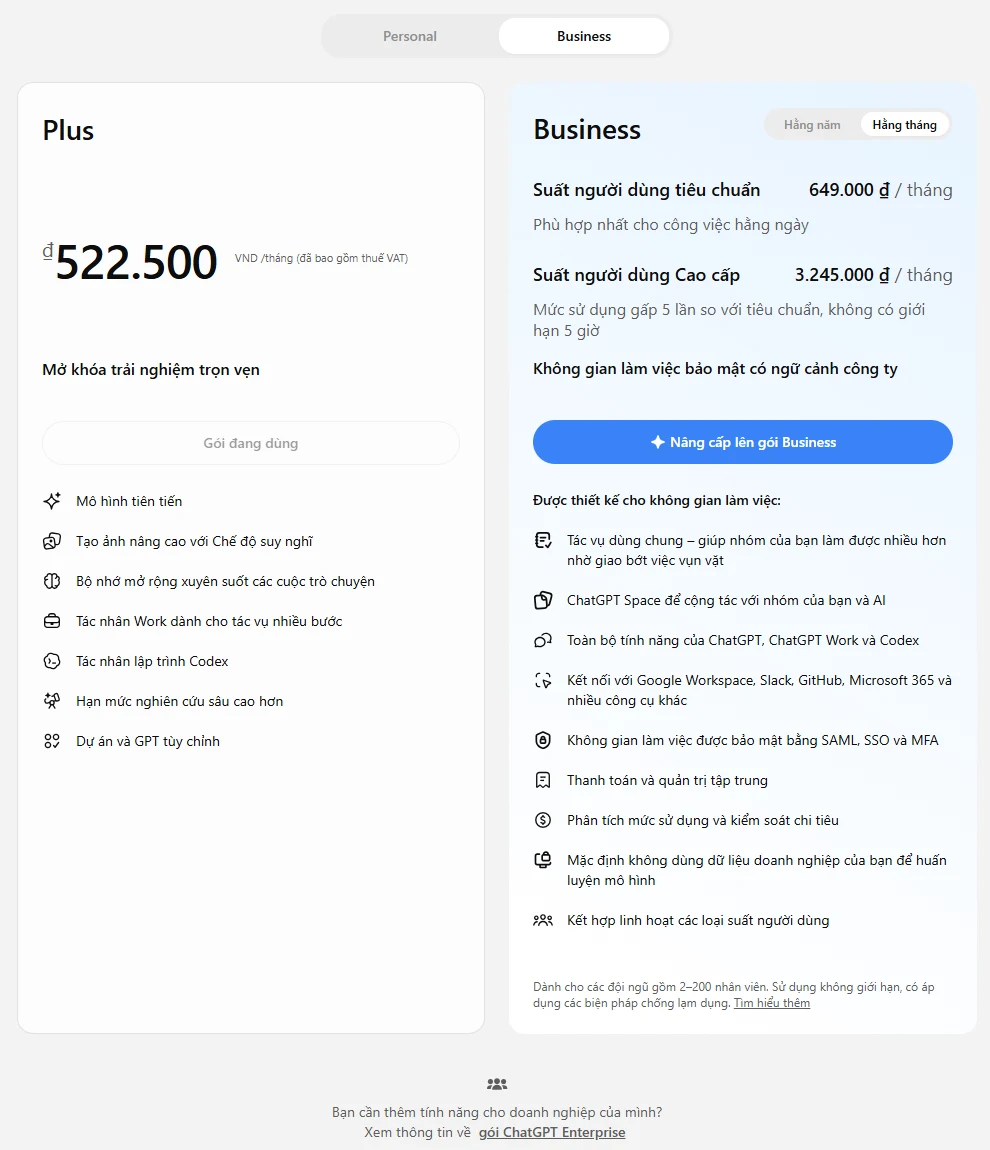Gói ChatGPT Business cho doanh nghiệp