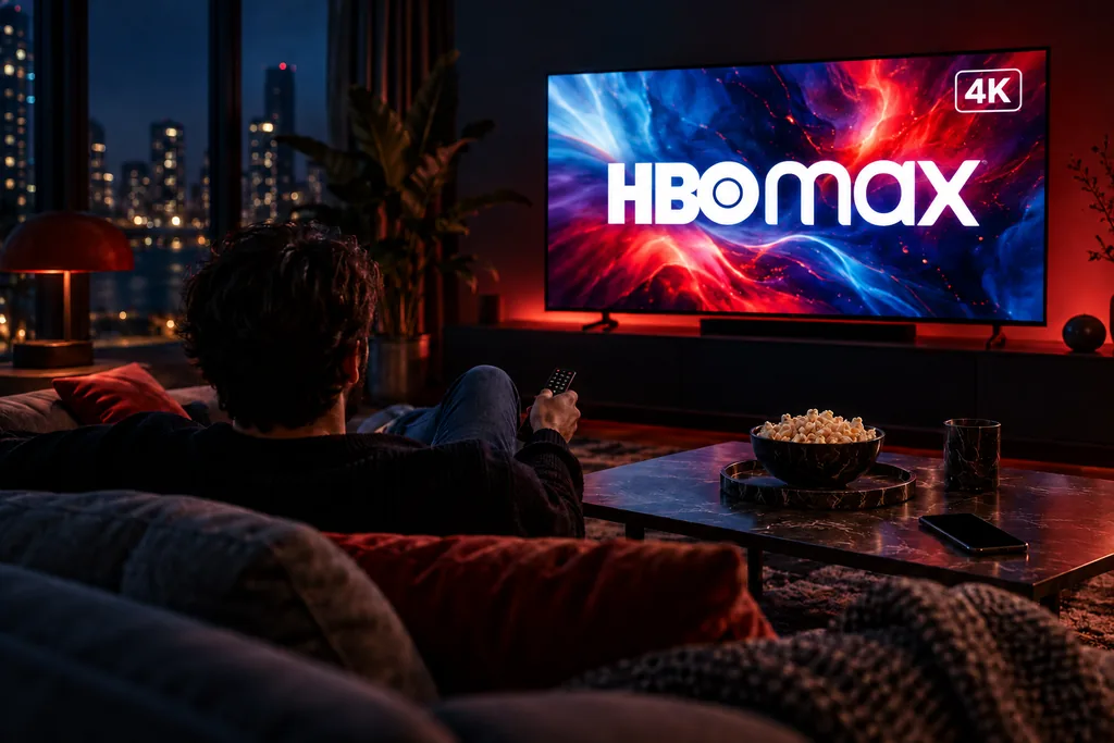 Xem HBO Max 4K trên TV tại phòng khách vào buổi tối