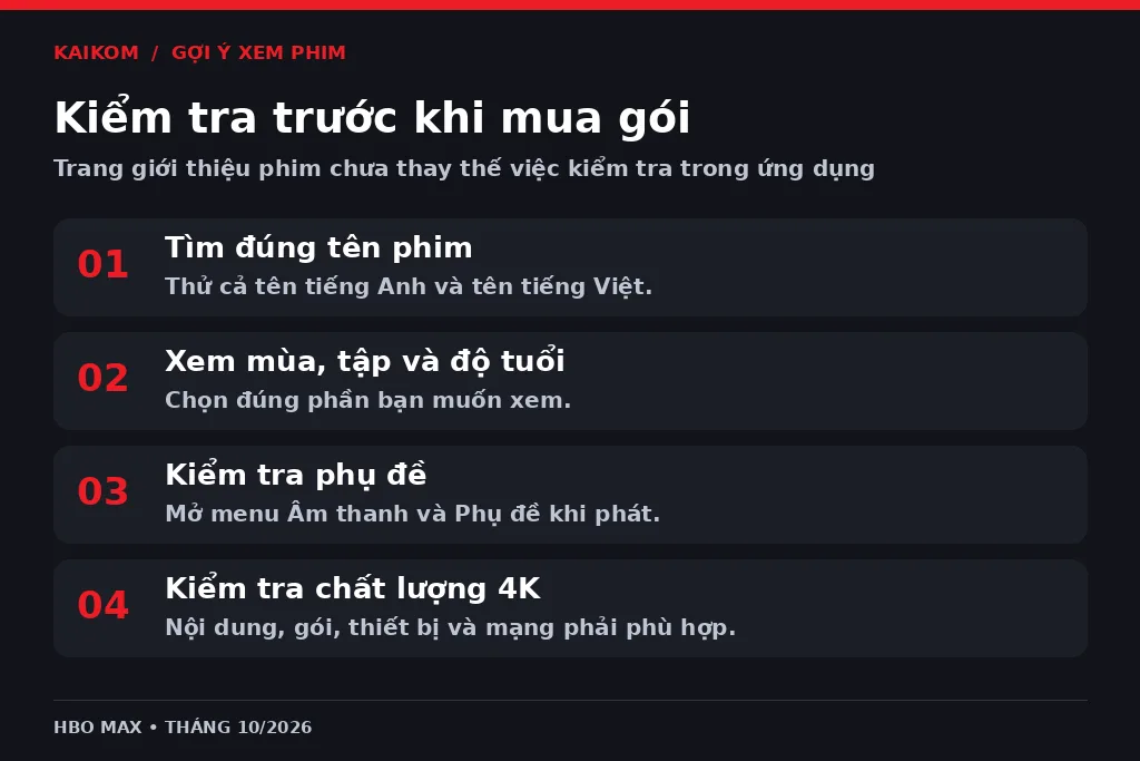 Bốn bước kiểm tra phim, mùa tập, phụ đề và chất lượng trước khi mua gói