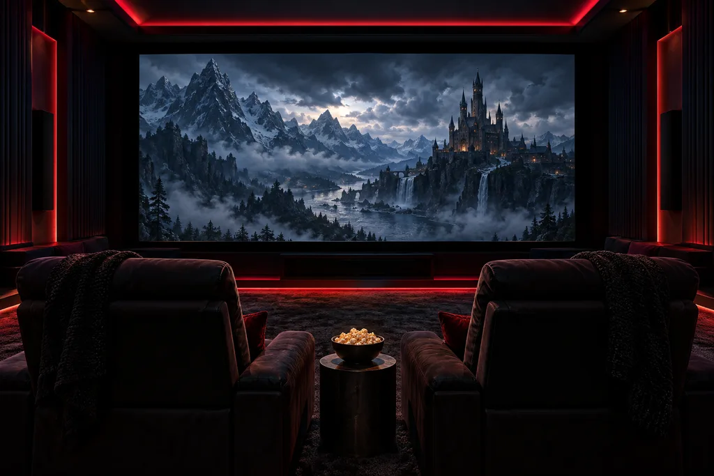 Rạp chiếu phim tại nhà với màn hình lớn phát cảnh điện ảnh, minh họa HBO Max là gì