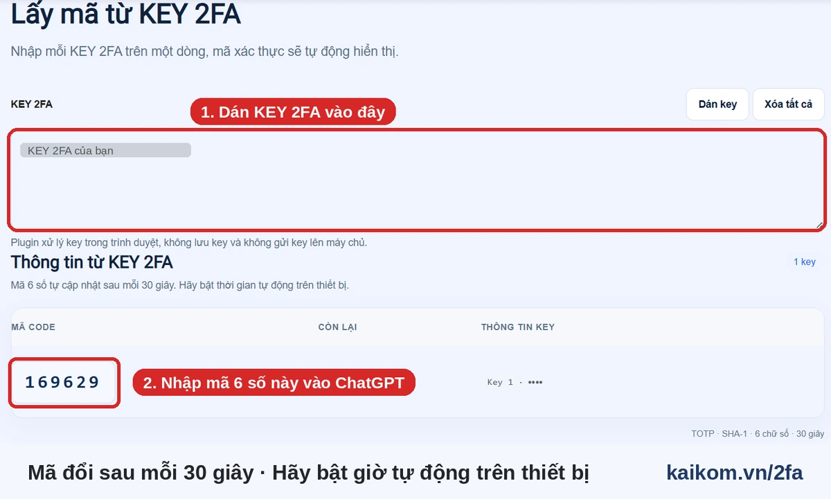 Lấy mã 2FA từ KEY bằng công cụ của KaiKom để đăng nhập ChatGPT Plus dùng riêng