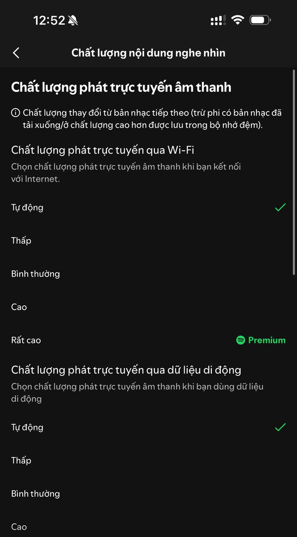 Cài đặt chất lượng phát trực tuyến âm thanh trong ứng dụng Spotify, mức Rất cao dành cho Premium