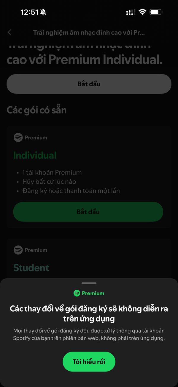 Ứng dụng Spotify trên iPhone báo thay đổi gói đăng ký được xử lý trên web