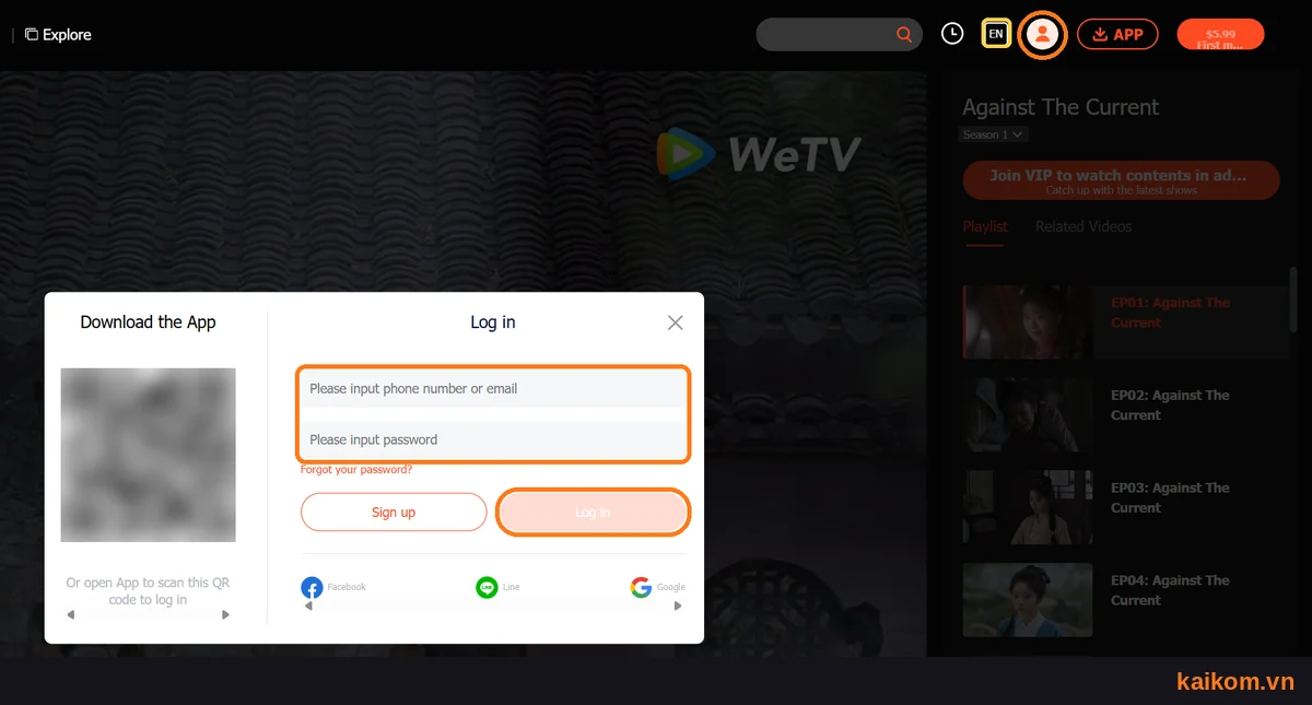 Cửa sổ đăng nhập WeTV trên máy tính, nhập email và mật khẩu