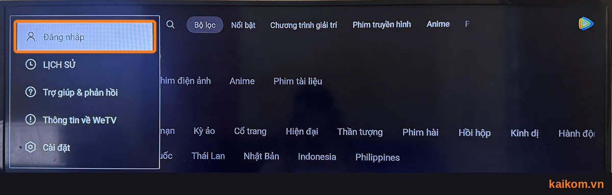 Menu tài khoản trên ứng dụng WeTV TV với mục Đăng nhập