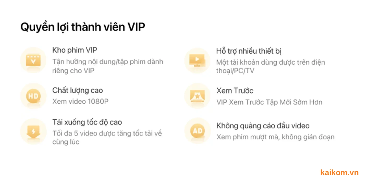 6 quyền lợi thành viên Youku VIP: kho phim VIP, 1080P, tải xuống tốc độ cao, nhiều thiết bị, xem trước, không quảng cáo đầu video